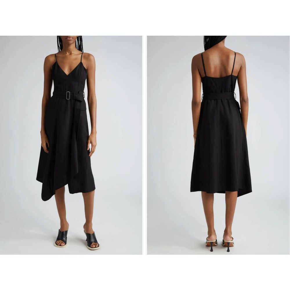 ALC $595 Jacquelyn Belted Dress Black Linen Blend Belted Midi 8 Luxury Minimal